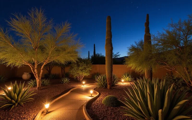Arizona desert backyard at night with uplighting on desert plants and path lights along walkway in Surprise