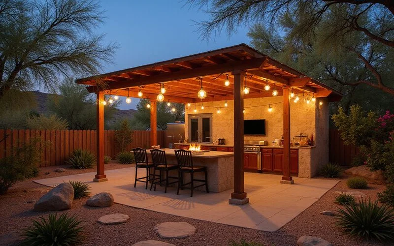 A covered outdoor kitchen with pergola shade structure, string lights, and desert landscaping in a Phoenix area backyard