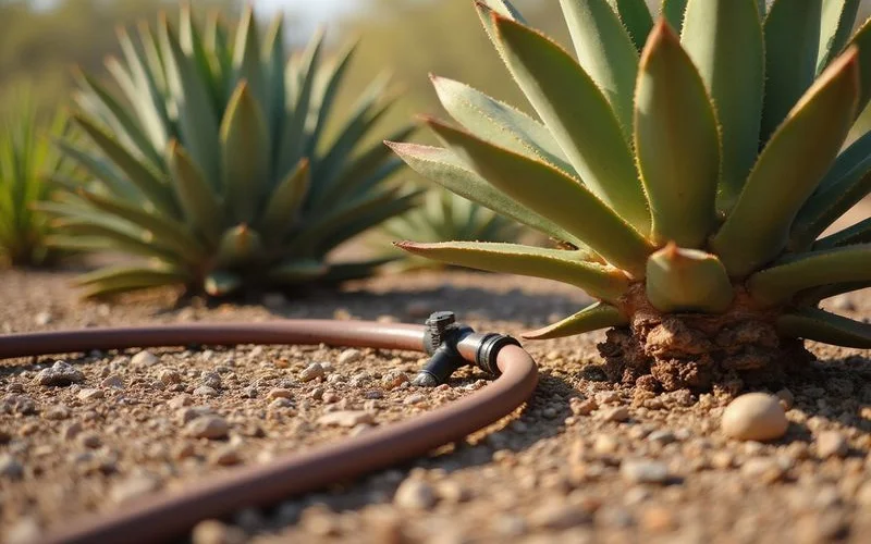 Drip irrigation tubing installed around the base of agave and desert shrubs in a decomposed granite landscape bed