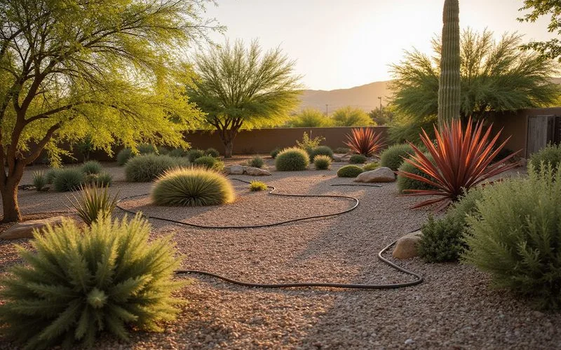 Healthy desert landscape with drip irrigation lines delivering water to native plants in Surprise AZ