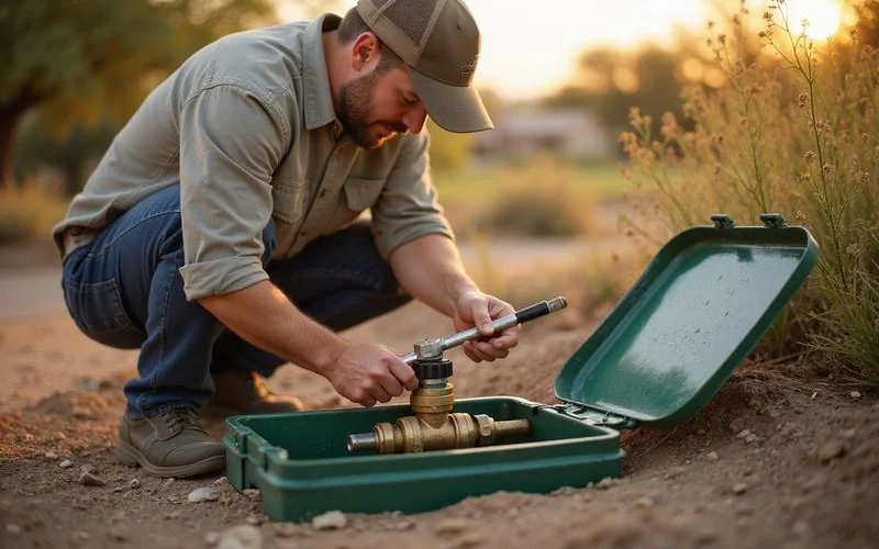 Irrigation technician adjusting zone valves and pressure regulator in a valve box at a Surprise AZ home