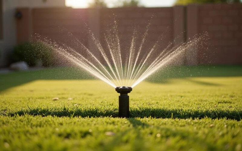 A pop-up sprinkler head watering a green Bermuda grass lawn section in an Arizona backyard with morning sunlight