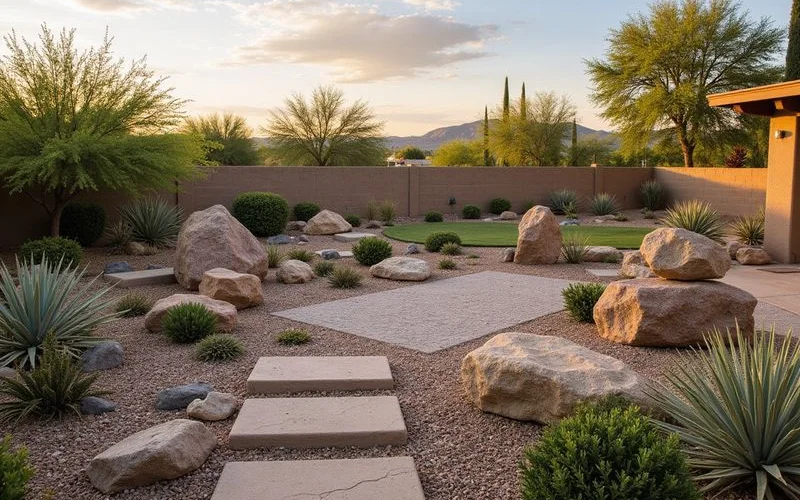 Completed backyard landscape design with native desert plants and decomposed granite patio in Surprise AZ