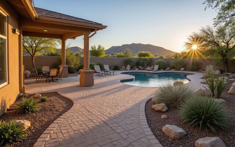Paver patio and walkway installation with desert landscaping and pool in a Surprise Arizona backyard