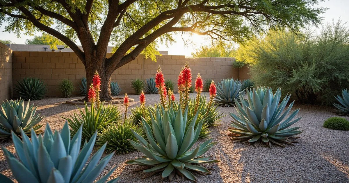 A lush Arizona desert garden featuring native plants including agave, palo verde, and blooming red yucca
