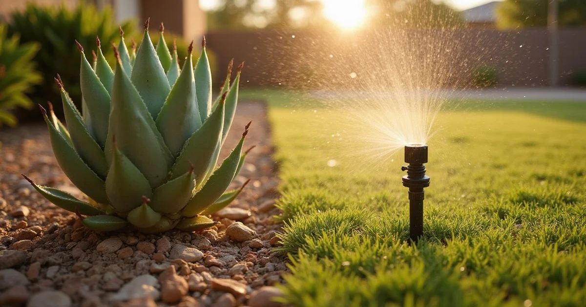 A comparison showing a drip irrigation emitter watering desert plants and a sprinkler head watering a grass section in an Arizona yard