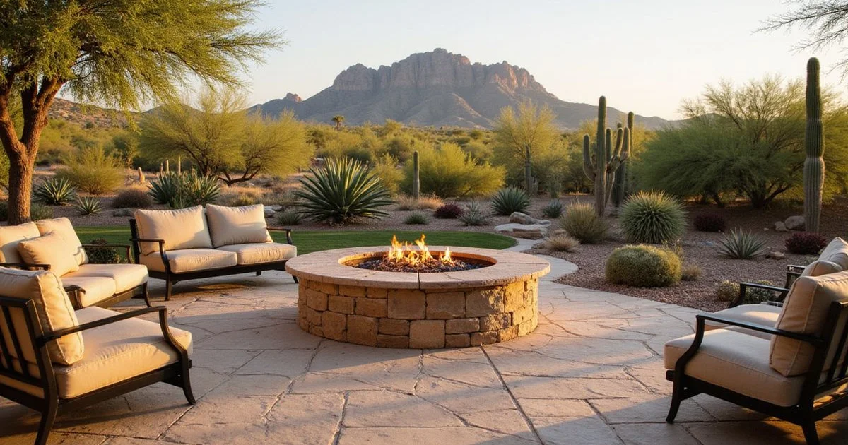 An elegant travertine paver patio with a fire pit seating area surrounded by desert landscaping in an Arizona backyard at golden hour
