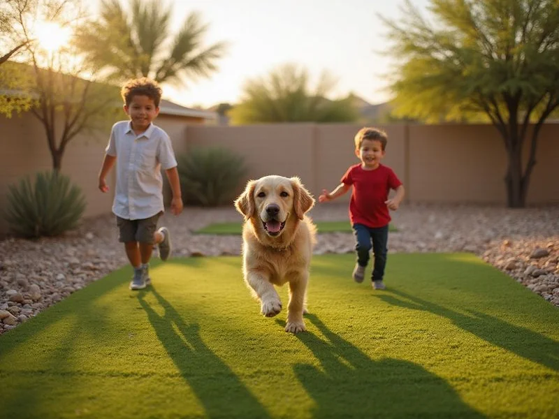 Children and dog playing on newly installed artificial turf lawn in Surprise Arizona