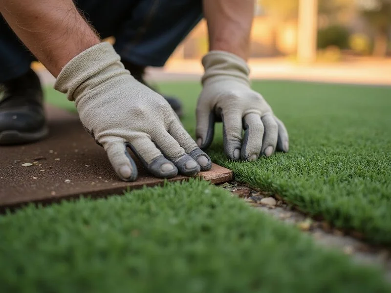Close-up of professional seam tape bonding showing invisible seams on artificial turf