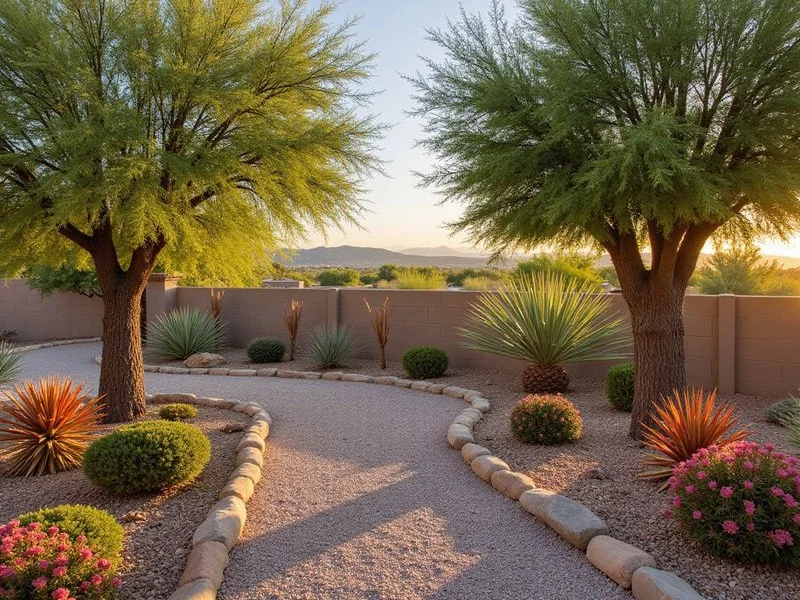 Completed desert landscape design featuring palo verde trees and decomposed granite walkway in Surprise AZ