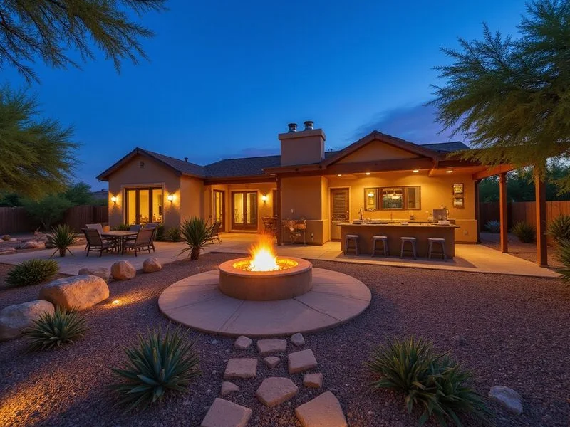 Completed outdoor kitchen with fire pit lounge and landscape lighting in Surprise Arizona
