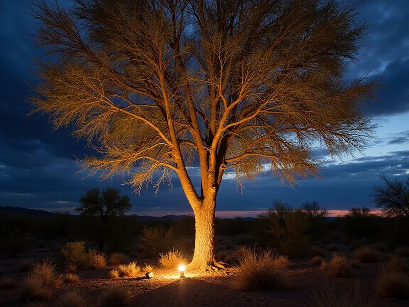 Dramatic uplighting on palo verde trees creating silhouette effects in a Surprise AZ landscape at night