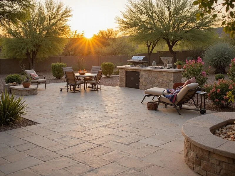 Travertine paver patio with herringbone pattern and fire pit in a Surprise Arizona backyard