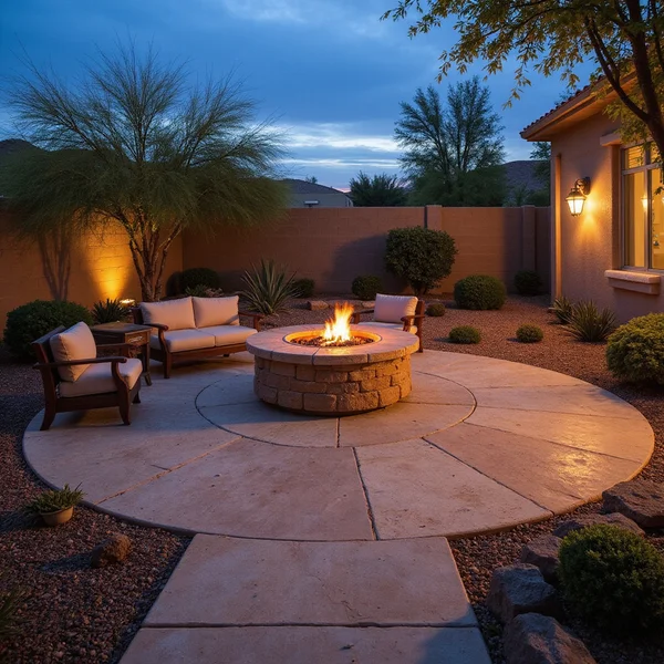 Travertine paver patio with fire pit